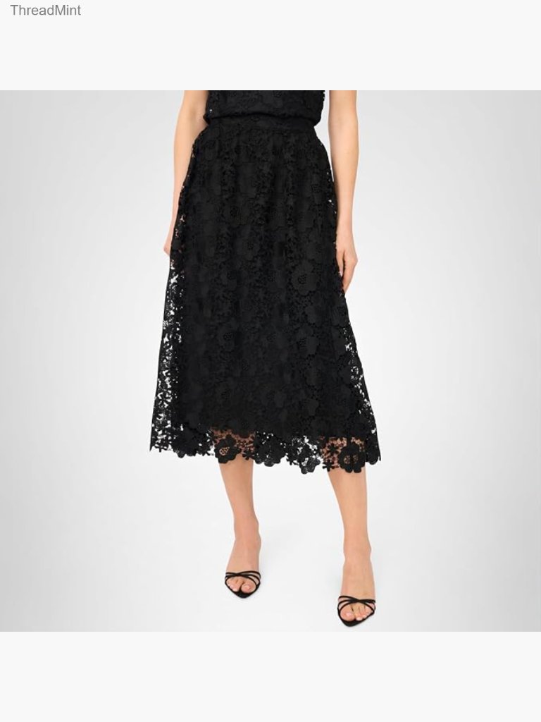 Midi Lace A-Line Skirt, Floral Pattern, High Rise, Zipper Closure